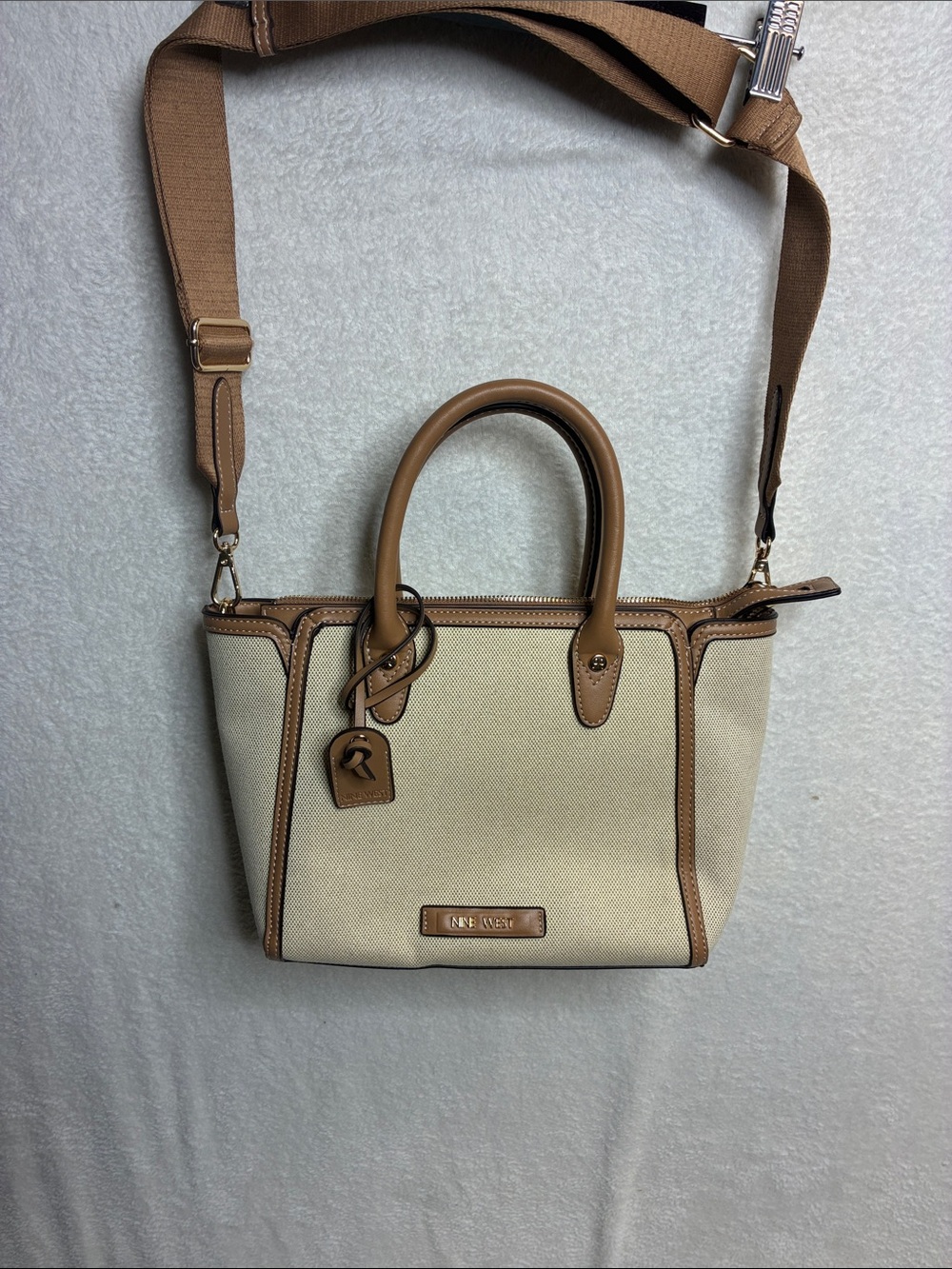 Nine West Beige Canvas Satchel with Tan Trim